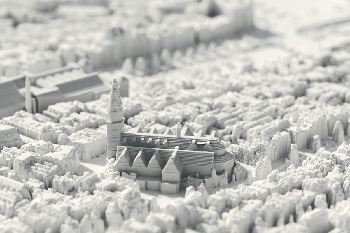 Close-up of the 3D-printed map of Amsterdam, with visible print layers (3D render)