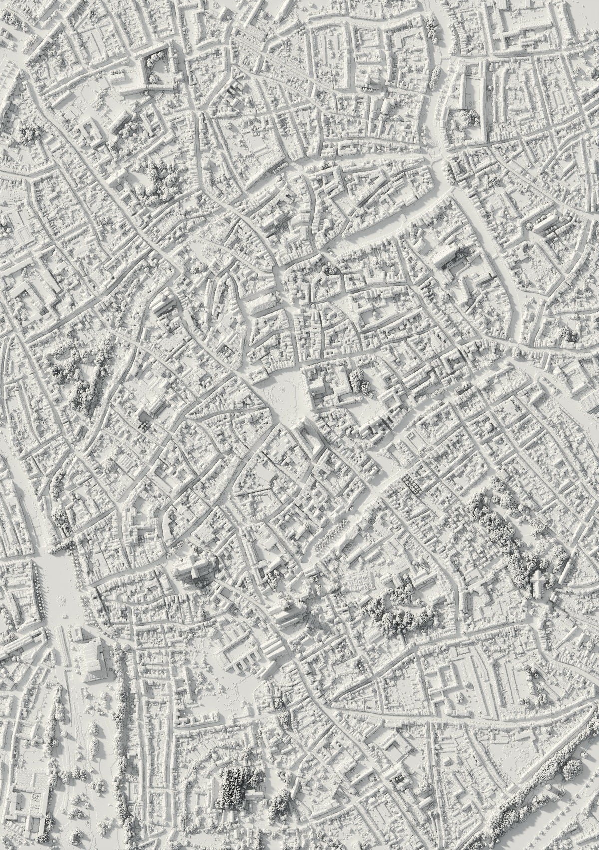 3D-reliëfkaart van Brugge, van bovenaf gezien (3D-render)