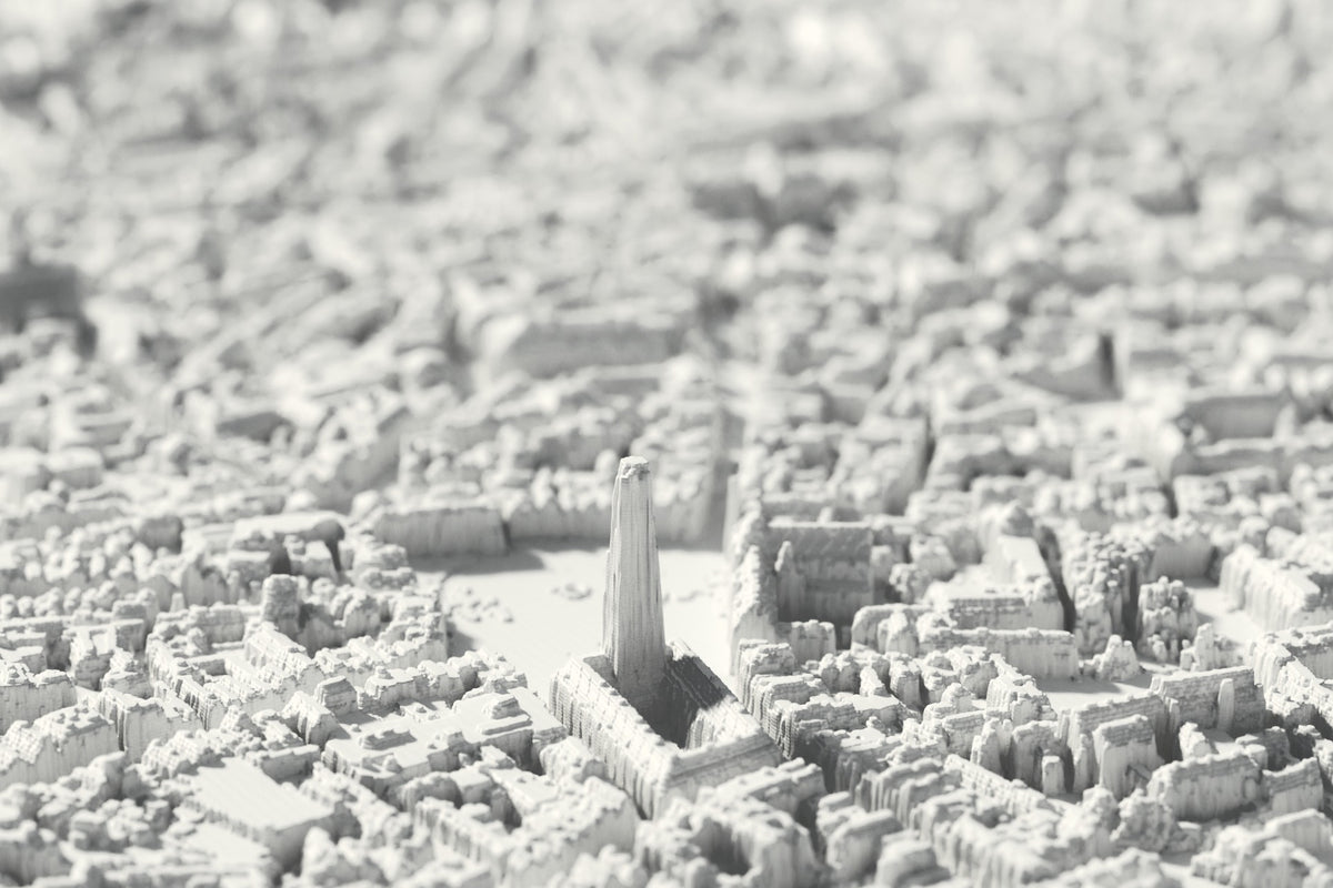 Close-up van de 3D-geprinte kaart van Brugge, met zichtbare printlagen (3D-render)