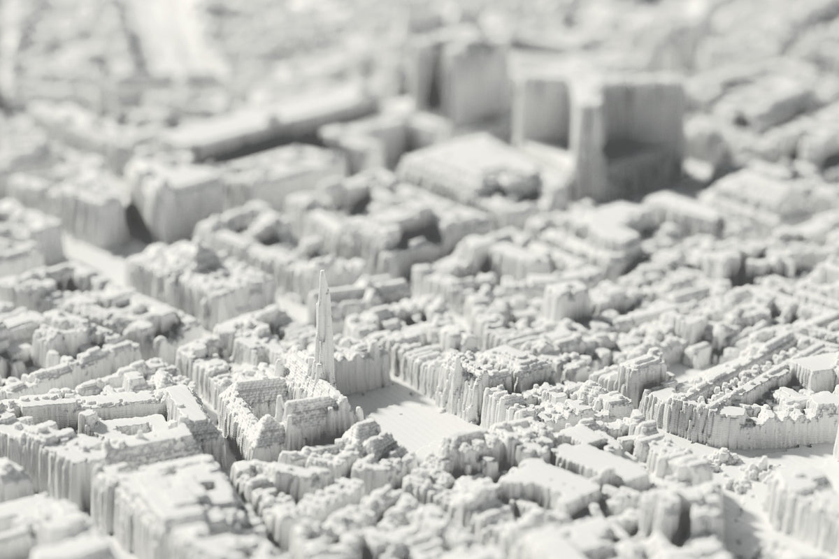 Close-up van de 3D-geprinte kaart van Brussel, met zichtbare printlagen (3D-render)