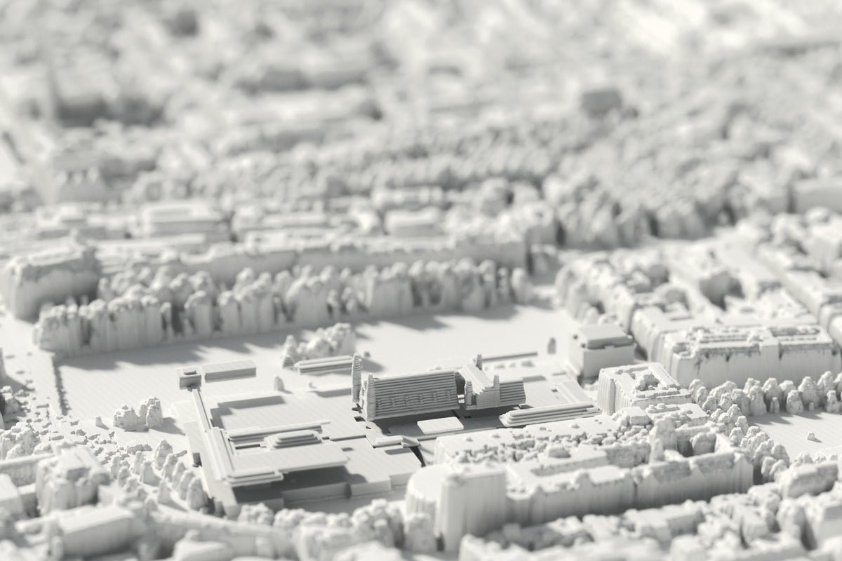 Close-up van de 3D-geprinte kaart van Den Haag, met zichtbare printlagen (3D-render)