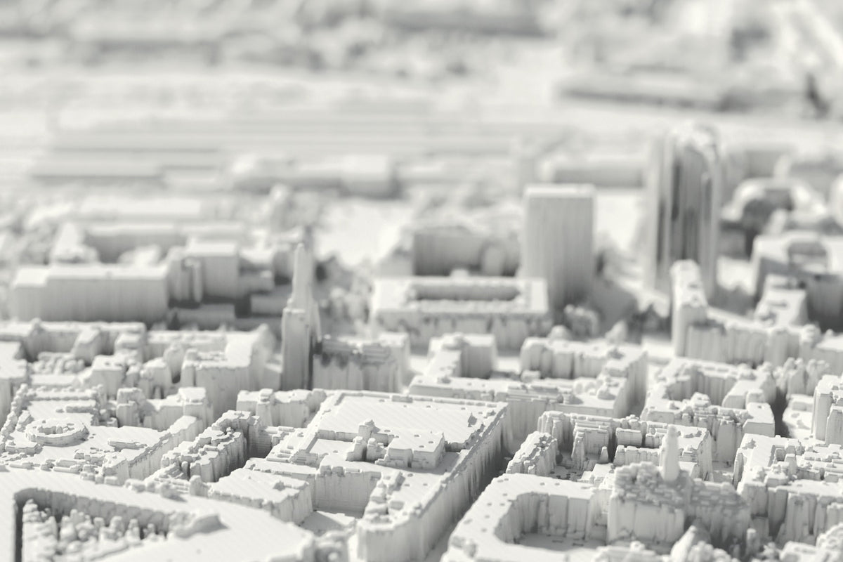 Close-up van de 3D-geprinte kaart van Dortmund, met zichtbare printlagen (3D-render)
