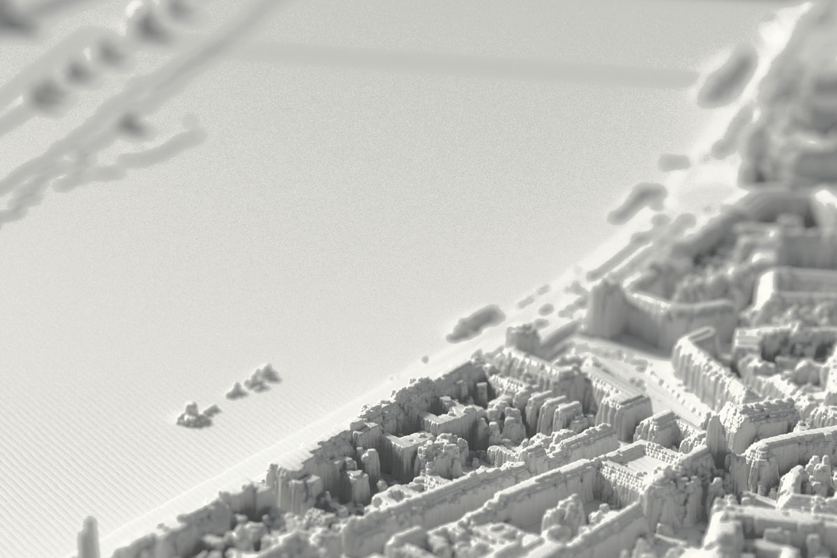 Close-up of the 3D-printed map of Düsseldorf, with visible print layers (3D render)