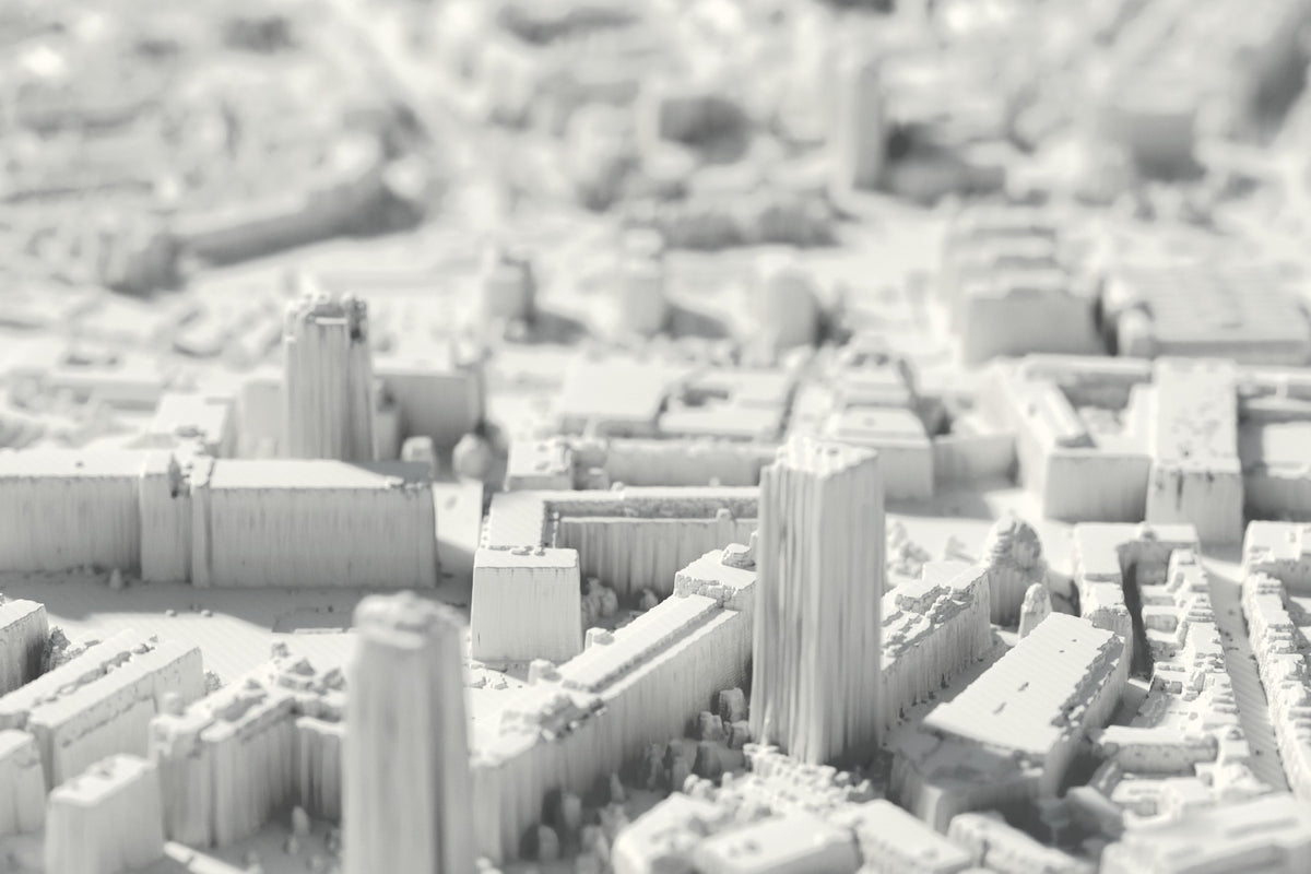 Close-up of the 3D-printed map of Eindhoven, with visible print layers (3D render)