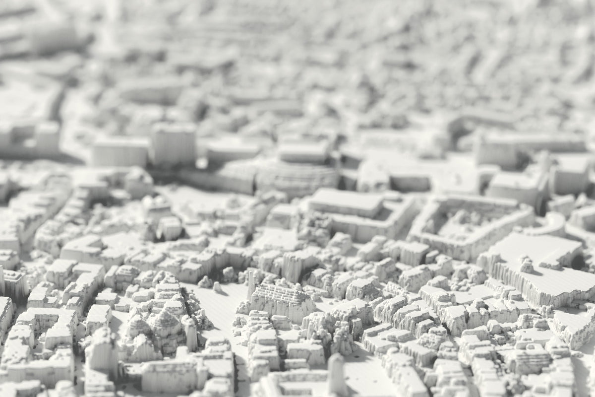 Close-up of the 3D-printed map of Enschede, with visible print layers (3D render)