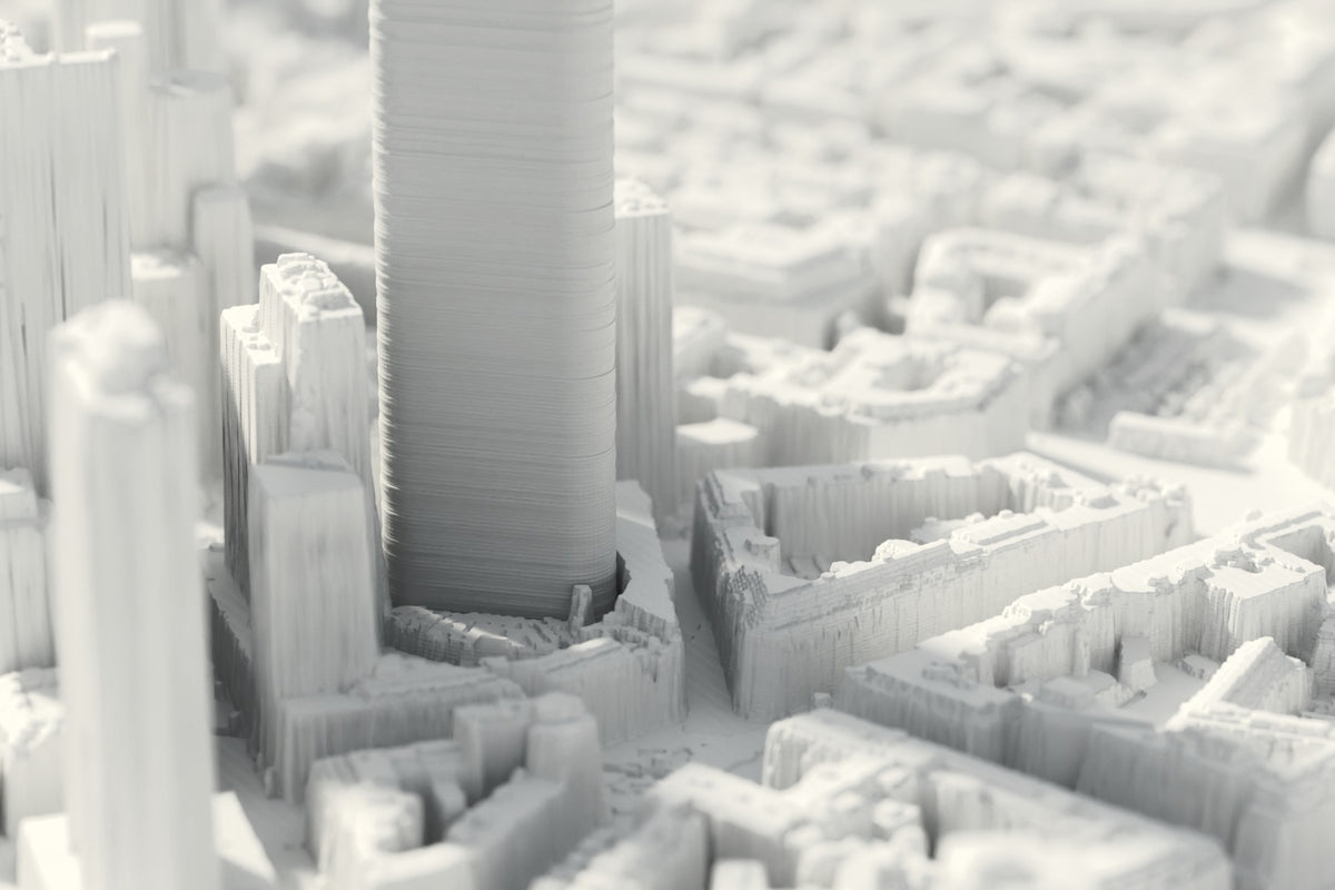 Close-up of the 3D-printed map of Frankfurt am Main, with visible print layers (3D render)