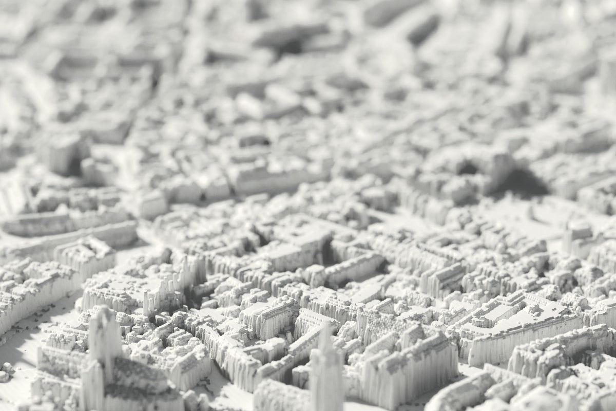Close-up of the 3D-printed map of Gent, with visible print layers (3D render)