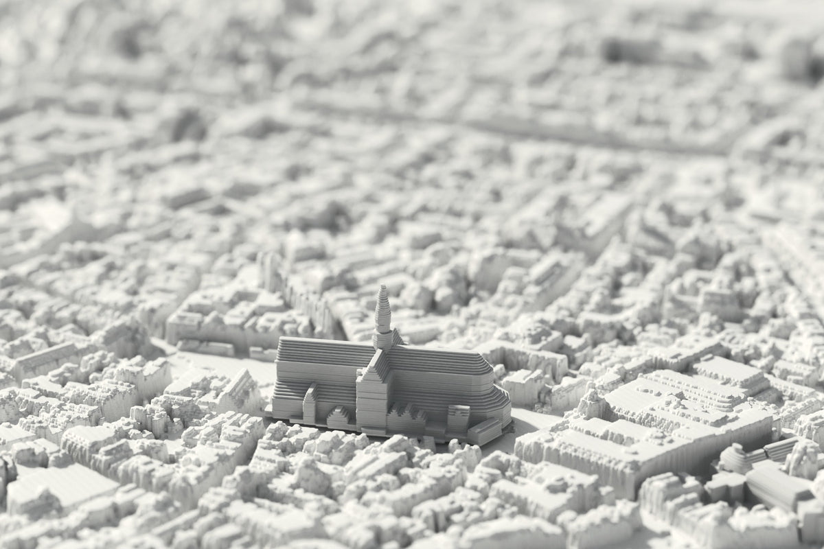 Close-up of the 3D-printed map of Haarlem, with visible print layers (3D render)