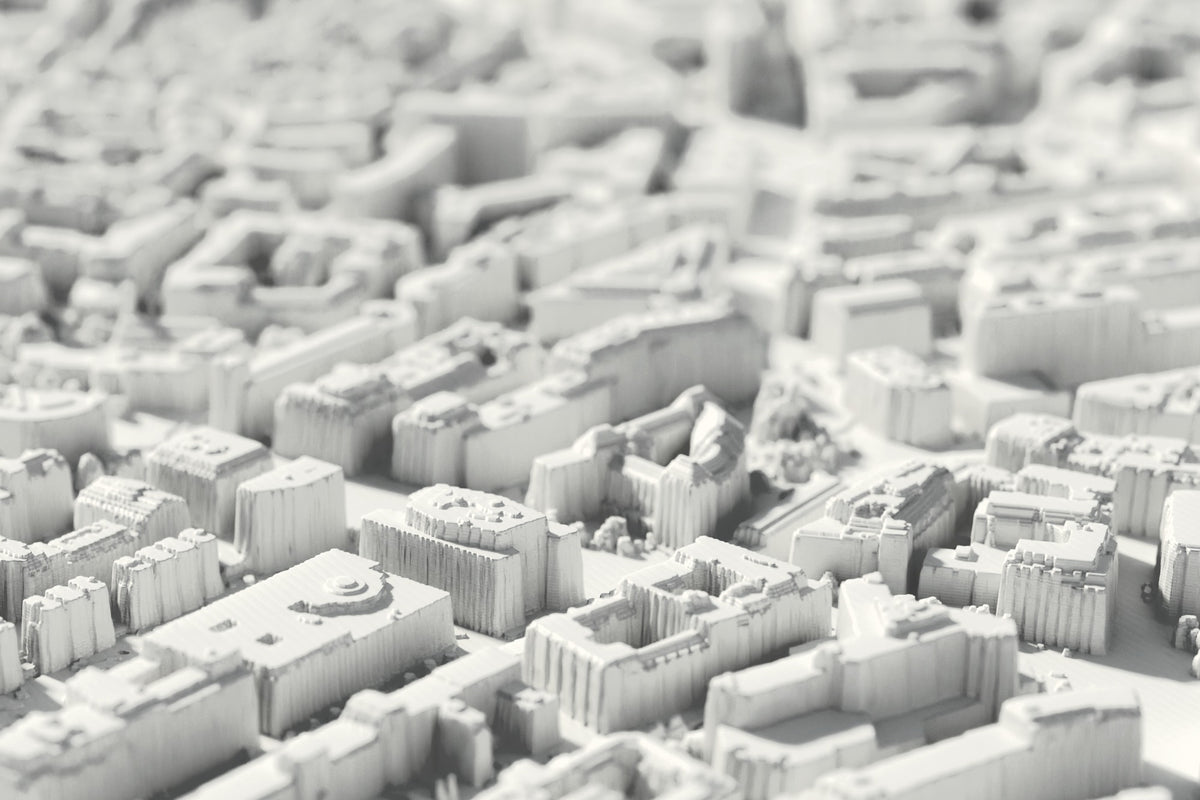 Close-up of the 3D-printed map of Hamburg, with visible print layers (3D render)