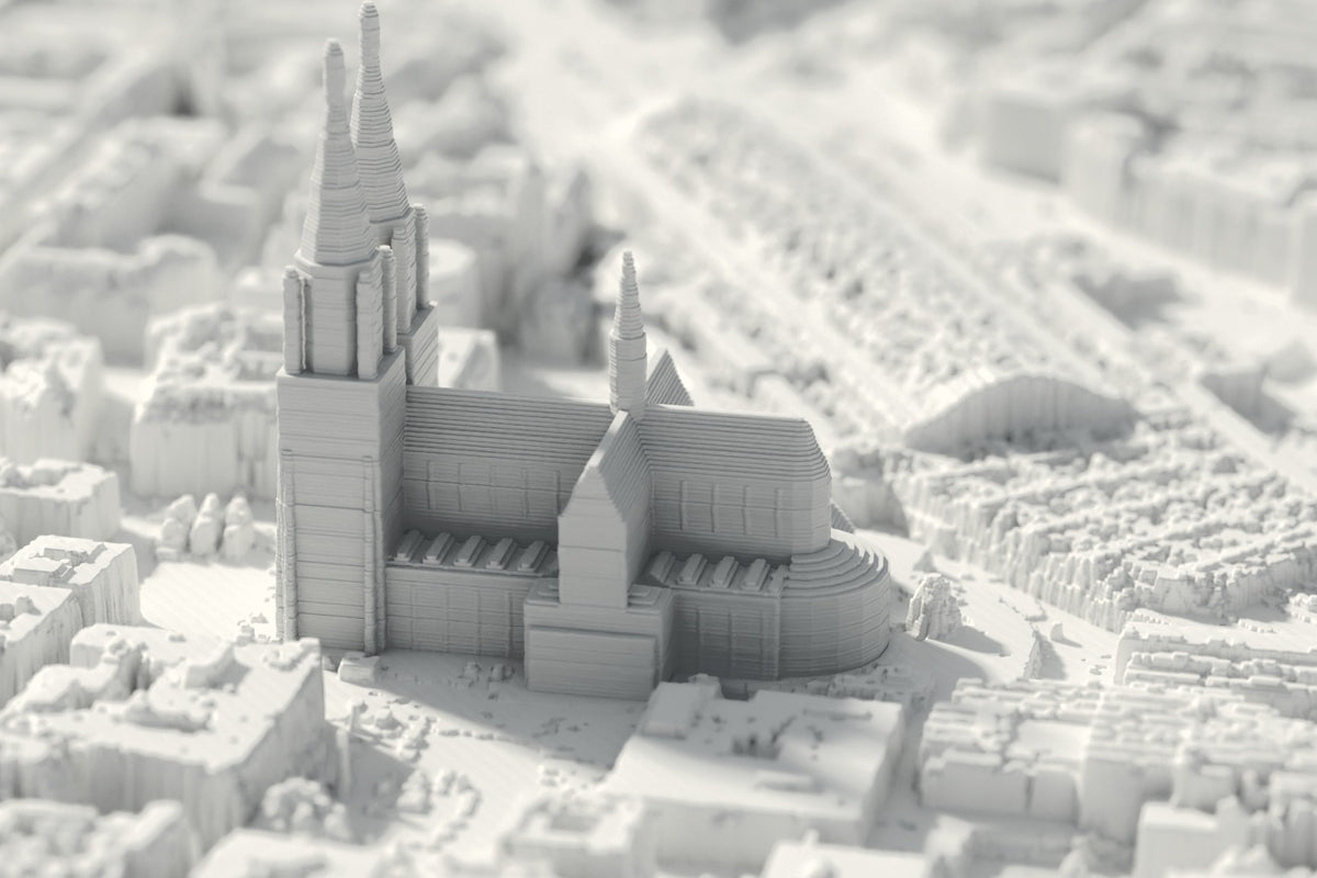 Close-up of the 3D-printed map of Keulen, with visible print layers (3D render)