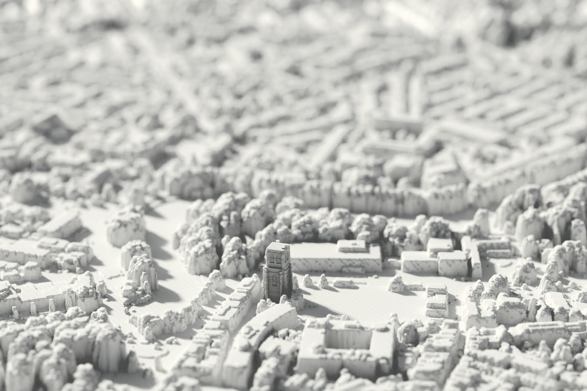 Close-up van de 3D-geprinte kaart van Leeuwarden, met zichtbare printlagen (3D-render)