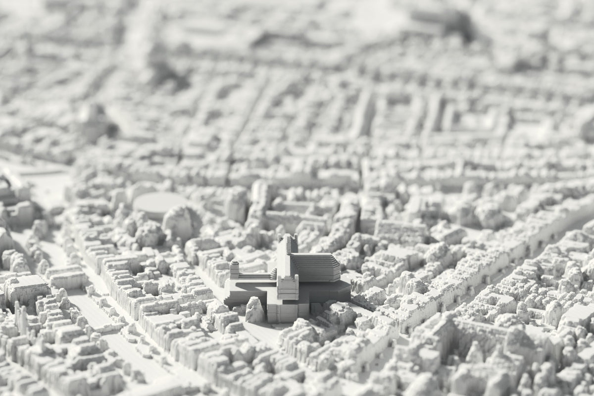 Close-up van de 3D-geprinte kaart van Leiden, met zichtbare printlagen (3D-render)