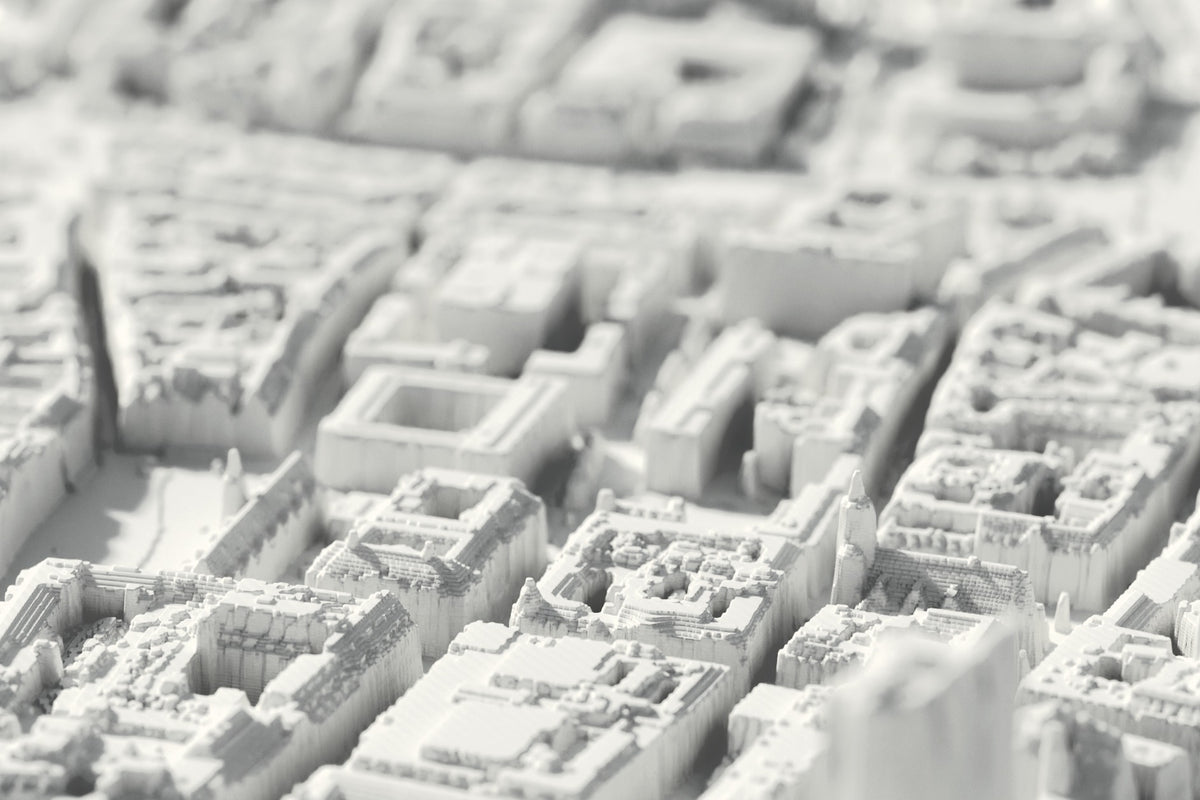 Close-up of the 3D-printed map of Leipzig, with visible print layers (3D render)
