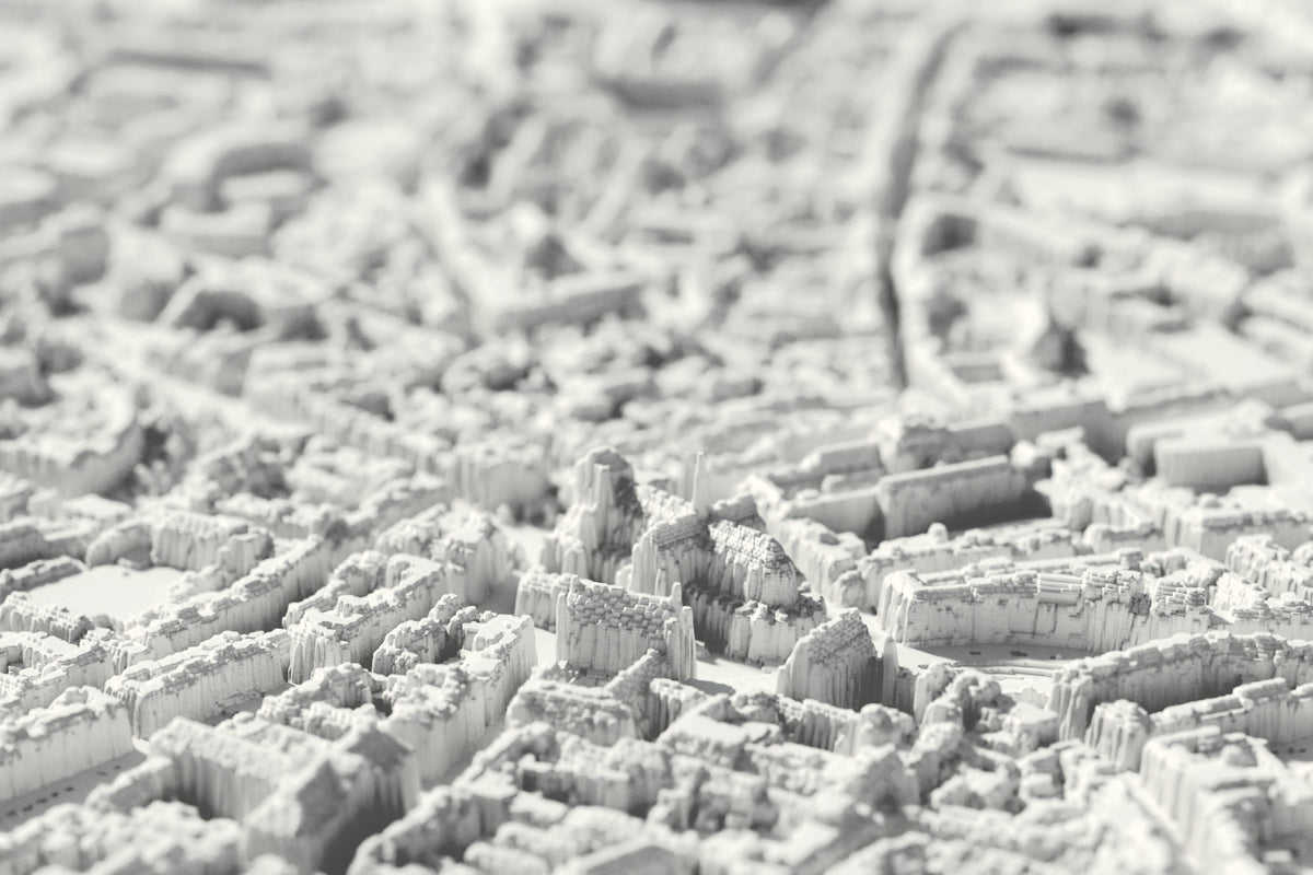Close-up of the 3D-printed map of Leuven, with visible print layers (3D render)