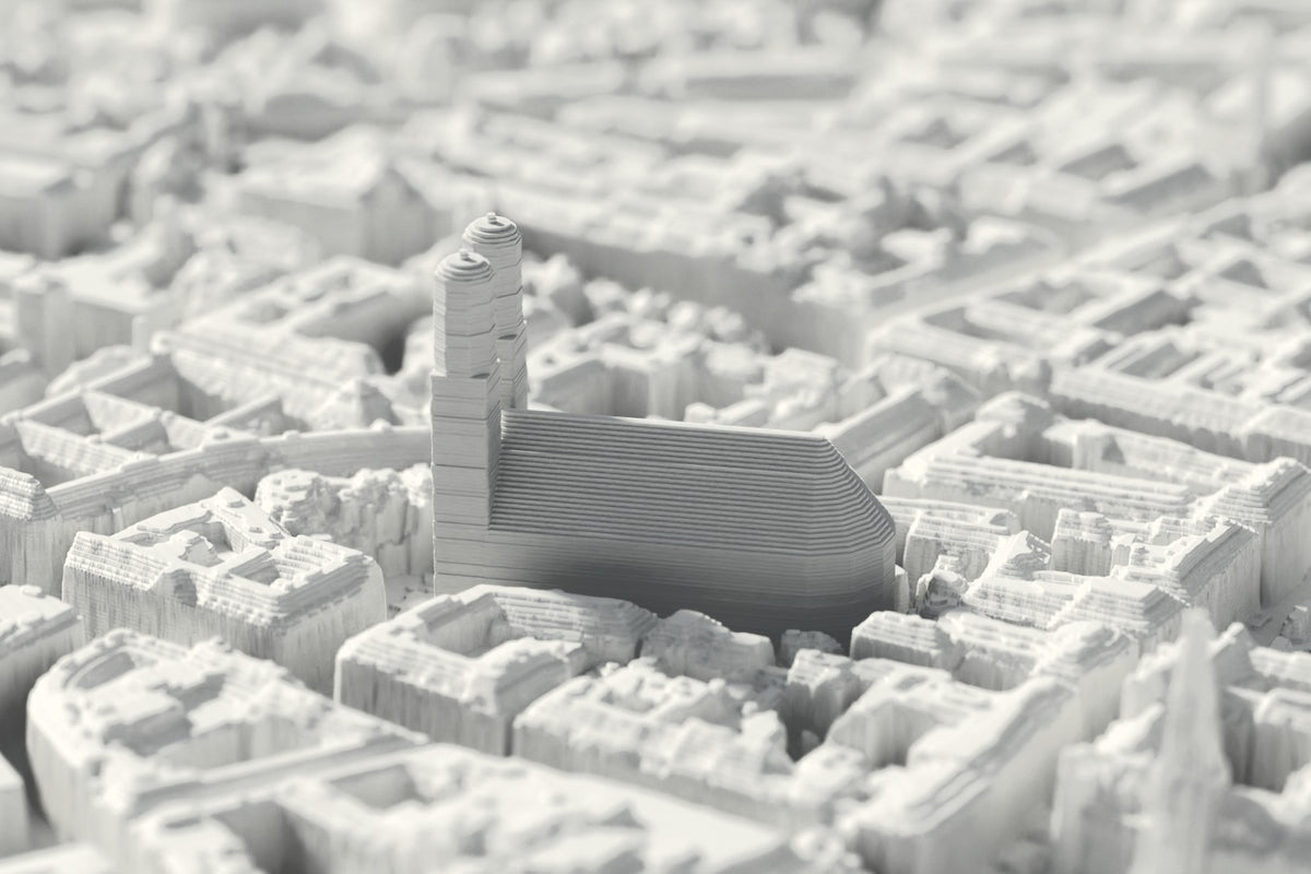 Close-up of the 3D-printed map of München, with visible print layers (3D render)