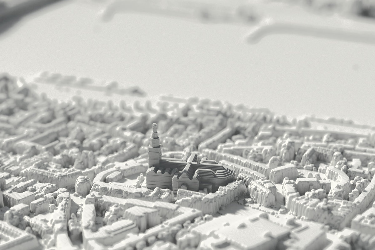 Close-up of the 3D-printed map of Nijmegen, with visible print layers (3D render)