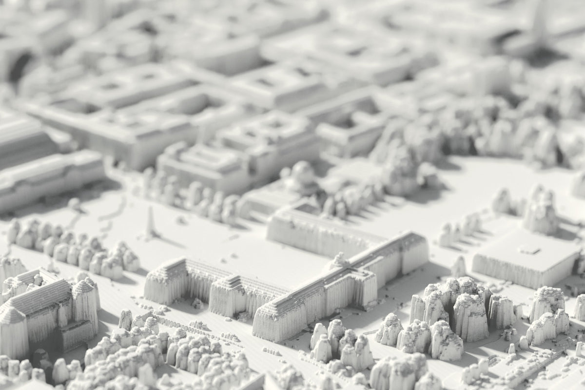 Close-up of the 3D-printed map of Stuttgart, with visible print layers (3D render)