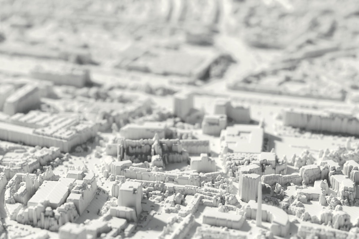 Close-up of the 3D-printed map of Tilburg, with visible print layers (3D render)