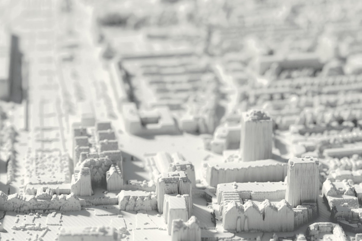 Close-up of the 3D-printed map of Zaandam, with visible print layers (3D render)