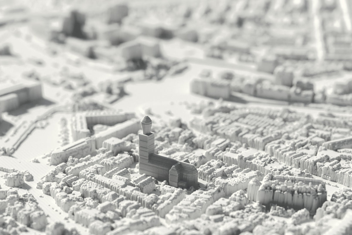 Close-up van de 3D-geprinte kaart van Zwolle, met zichtbare printlagen (3D-render)